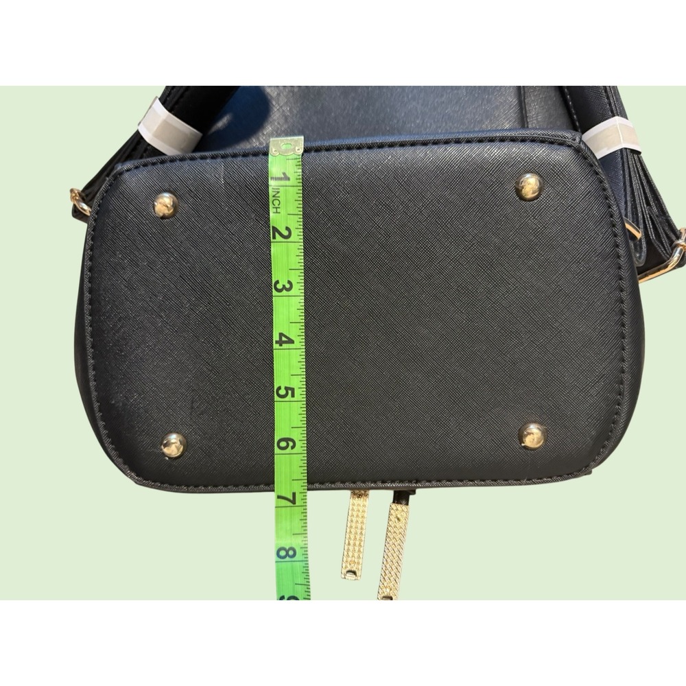 Black Saffiano Vegan Leather Backpack Gold Hardware Drawstring Flap Small Bag - Picture 5 of 7